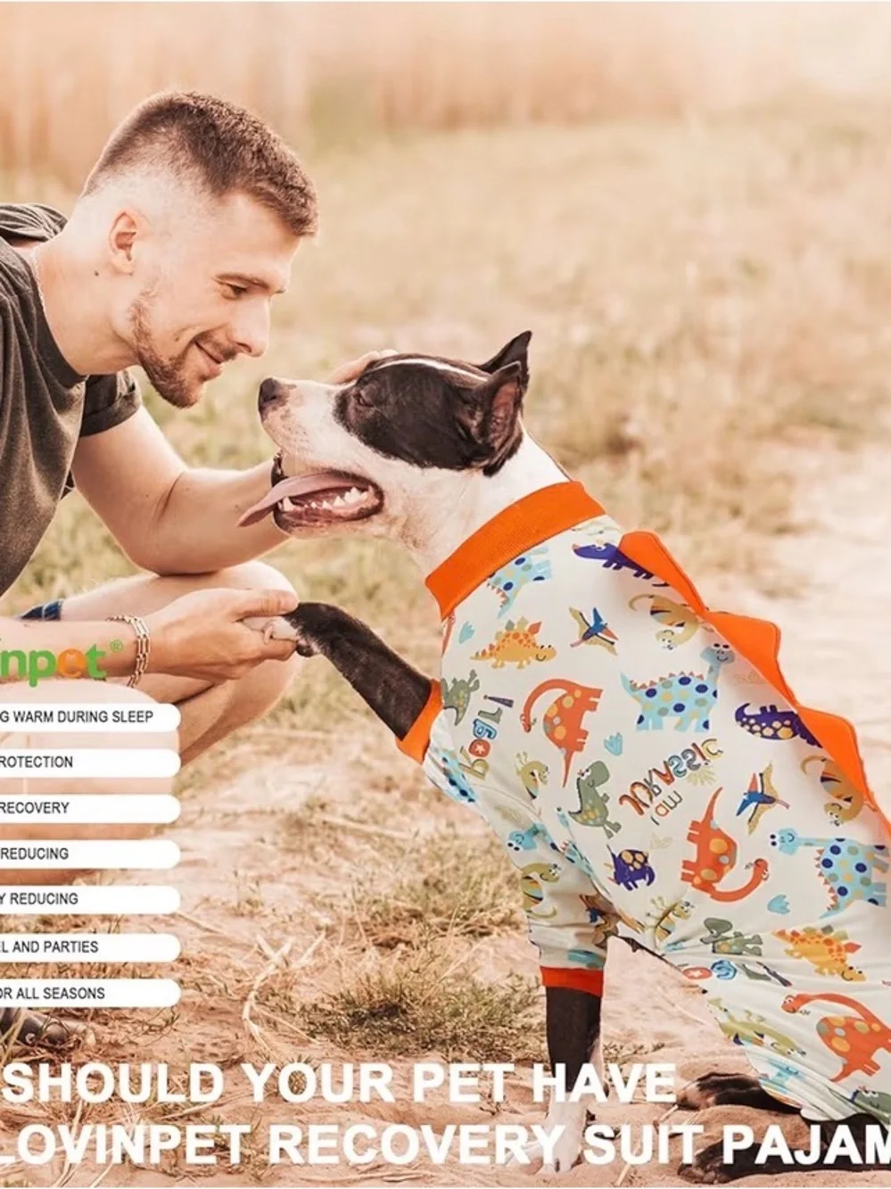 Dinosaur Print Full-Body Dog Pajamas — Orange Trim